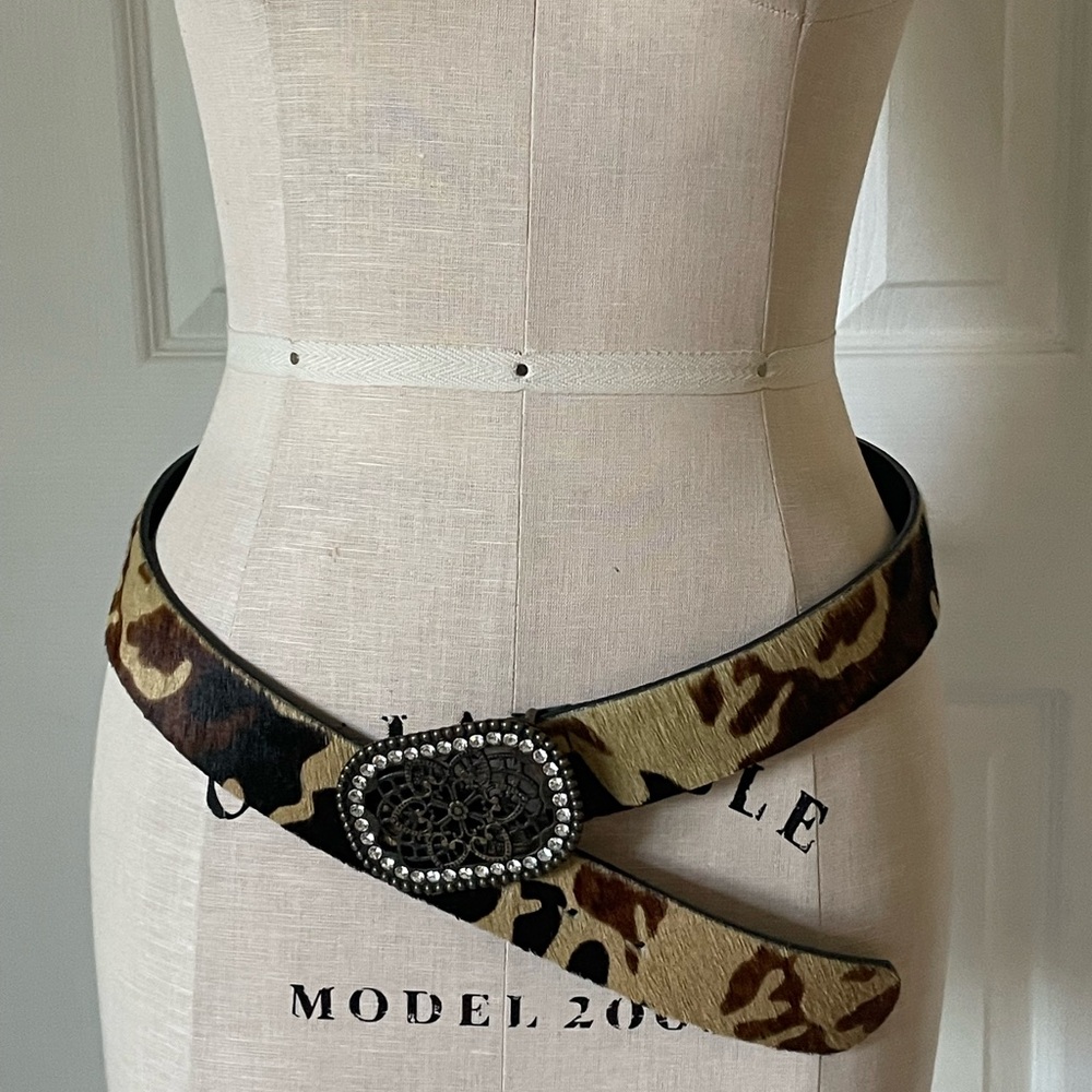 Gianni Pizzini genuine leather belt, calf hair, rhinestone buckle, animal print